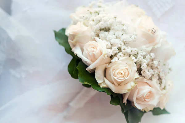 Detail Pink Fresh Roses Bouquet Gypsophila Paniculata Wedding Ceremony — Stock Photo, Image