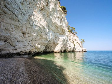 Sahilin manzarası ve Gargano yarımadasının beyaz kayalıkları. Apulia, İtalya. Baia delle zagare. Vignanotica