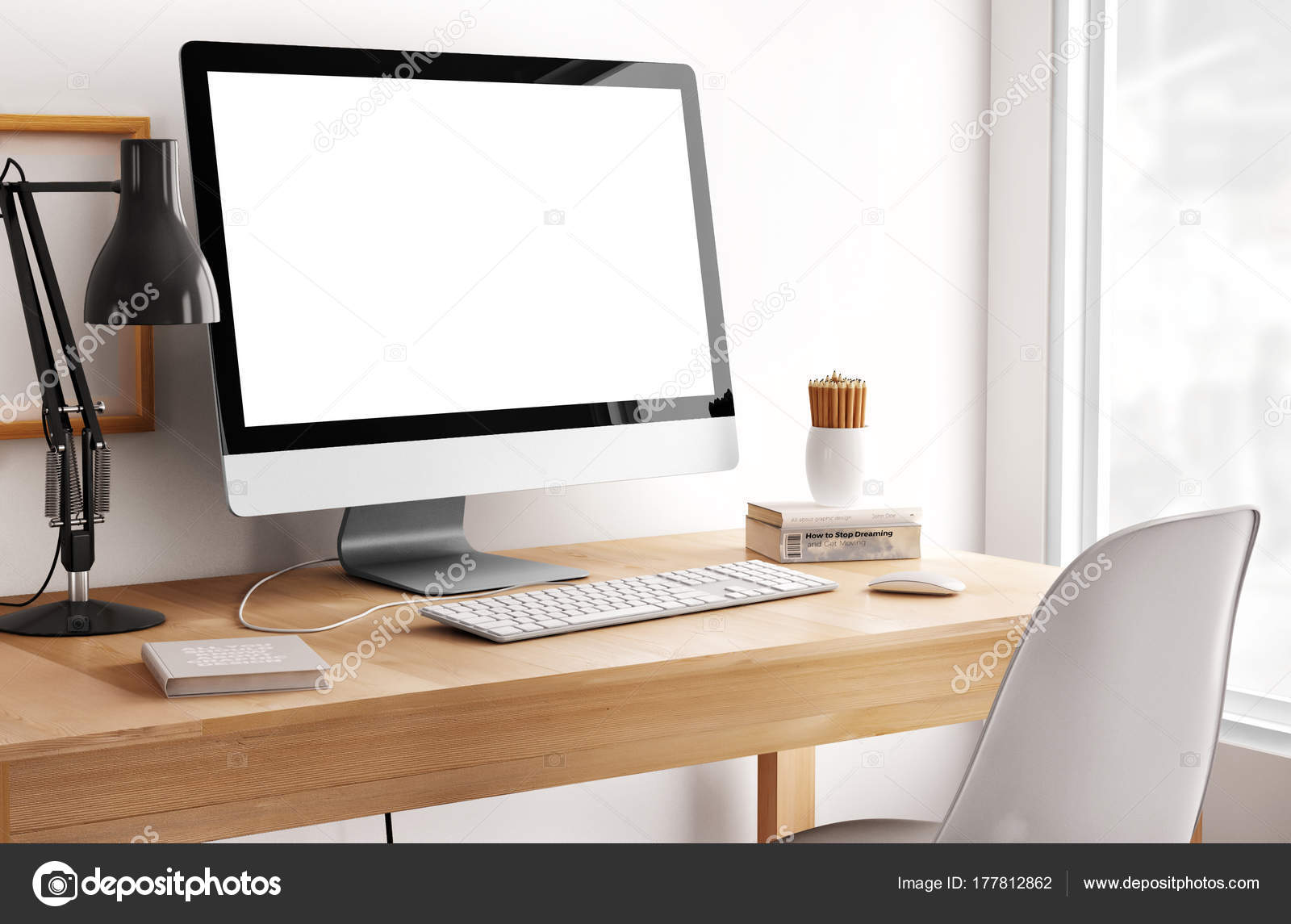 White Empty Computer Screen Table Lamp Books Desktop Stock Photo White Empty Computer Screen Table Lamp Books Desktop Stock Photo