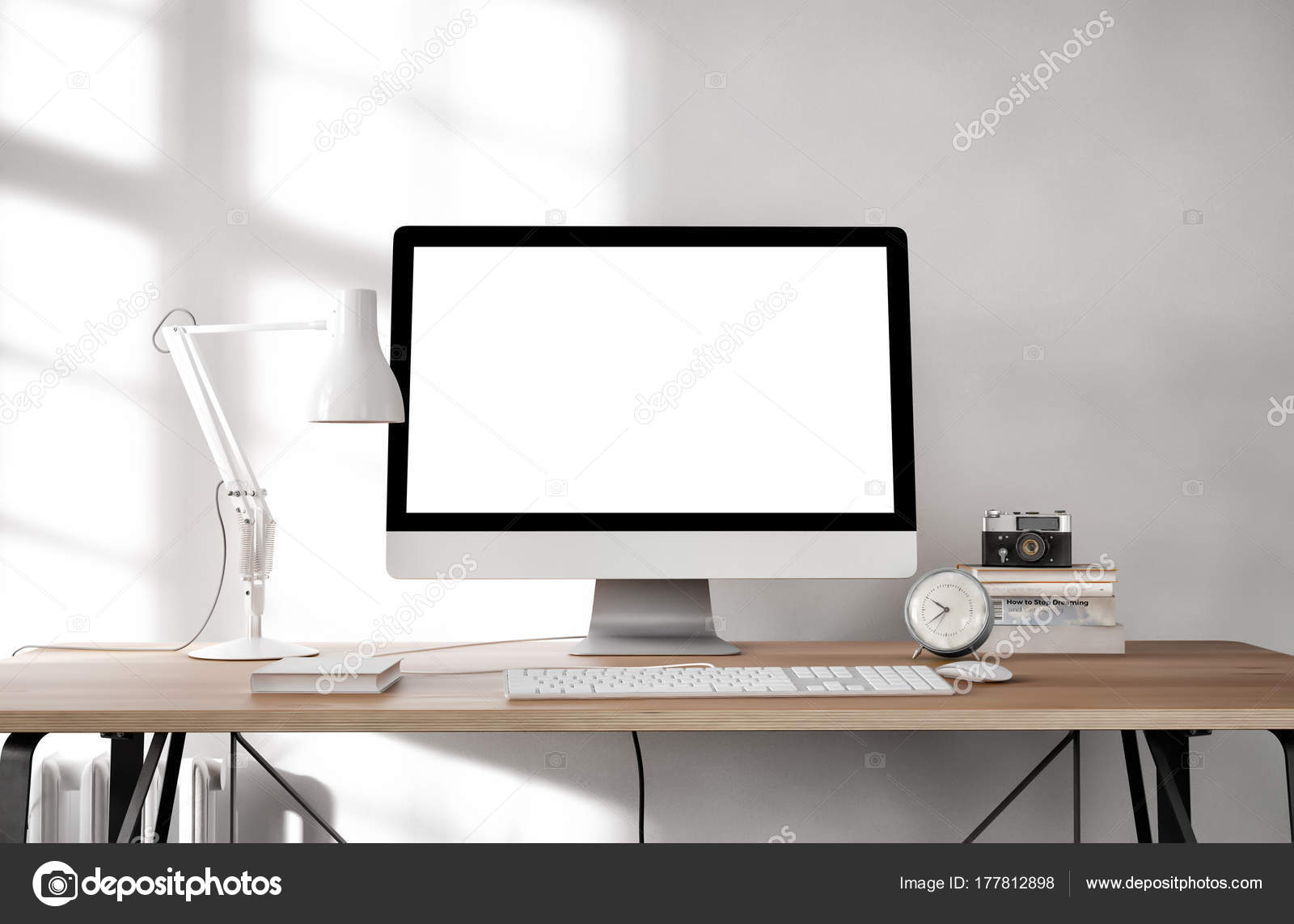 White Empty Computer Screen Table Lamp Books Desktop Stock Photo White Empty Computer Screen Table Lamp Books Desktop Stock Photo