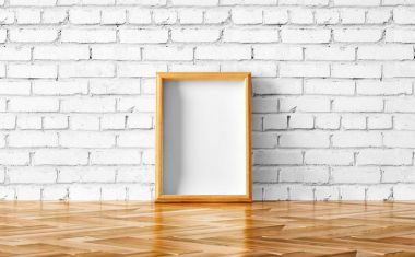 tuğla duvar arka plan üzerinde boş ahşap fotoğraf çerçevesi  