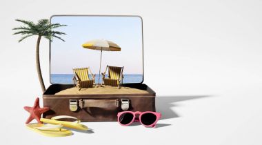 valiz deniz kıyısı ve şezlonglar kumlu plajda, seyahat kavramı ile 