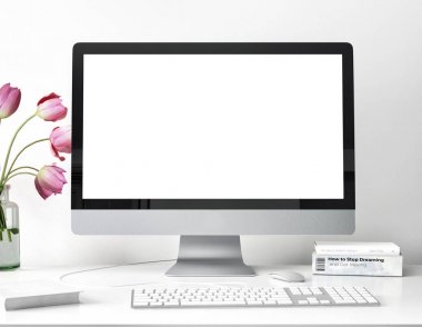 white empty computer screen with flowers in vase and books on desktop  clipart