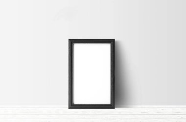 hafif ahşap zemin ve beyaz duvar arka plan boş karanlık fotoğraf çerçevesi