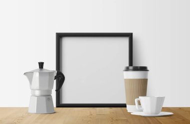 eski metal kahve makinesi ve kahve fincanı ile boş fotoğraf çerçevesi 