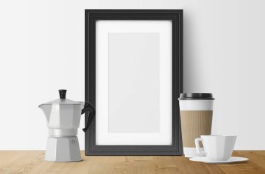 eski metal kahve makinesi ve kahve fincanı ile boş fotoğraf çerçevesi 