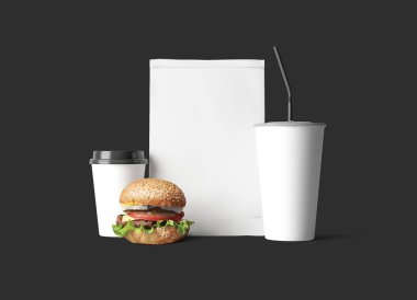 Burger, içecekler ve boş Not Fast food kimlik arka plan