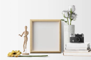çiçek ve kitaplar kamera ile boş fotoğraf çerçevesi 
