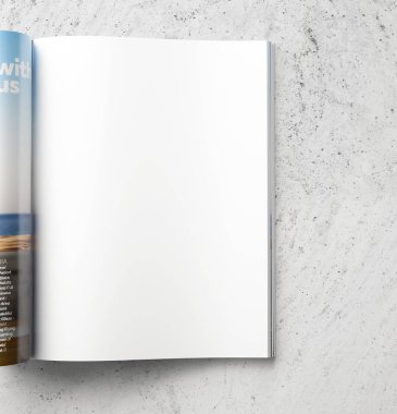 Dergi gri beton zemin üzerine açılan sayfa temizlemek, yakın çekim