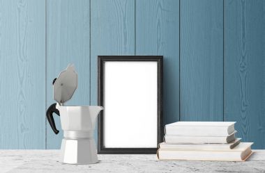 kitap ve eski metal kahve makinesi ile boş fotoğraf çerçevesi 