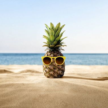 kumlu plaj tatil kavramı üzerinde güneş gözlüklü olgun tropikal ananas 
