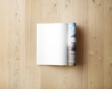 ahşap arka plan üzerinde boş dergi sayfası