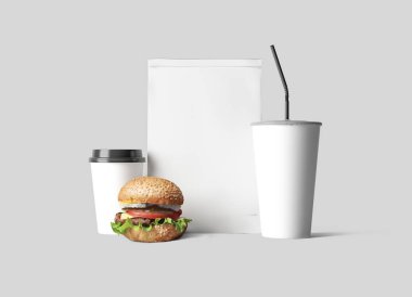 Burger, içecekler ve boş Not Fast food kimlik arka plan