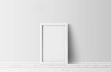 hafif ahşap zemin ve beyaz duvar arka plan boş beyaz fotoğraf çerçevesi
