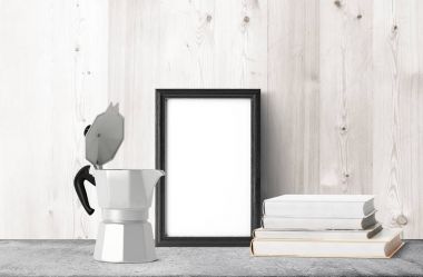 kitap ve eski metal kahve makinesi ile boş fotoğraf çerçevesi 