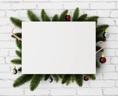 ağaç dalları Noel baubles, yeni yıl kavramı ile kartında beyaz kağıt  