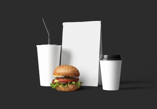 Fast Food Identity Background Burger Drinks Blank Note Black Background — Stock Photo, Image