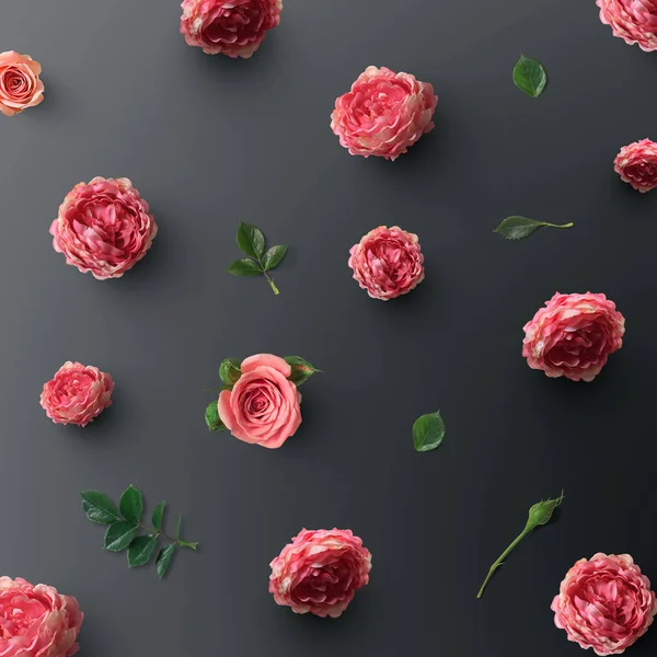 Belas Flores Rosas Com Folhas Verdes Fundo Cinza — Fotografia de Stock