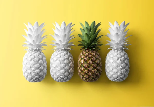 Rij Van Wit Gekleurde Tropische Ananas Levendige Gele Achtergrond Leiderschap — Stockfoto