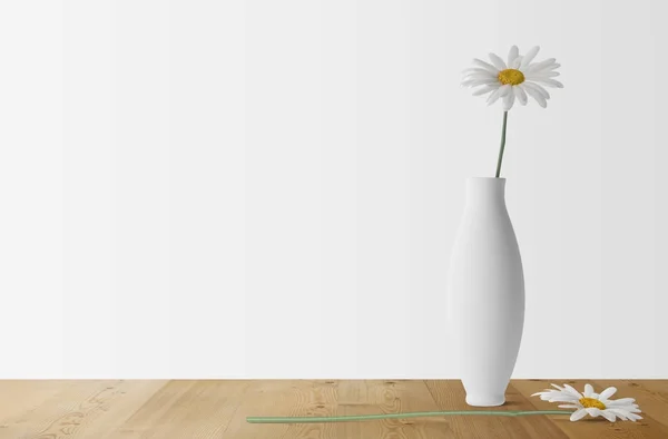 Kwiat Rumianku Biały Wazon Ceramiczny Drewnianym Stole — Zdjęcie stockowe