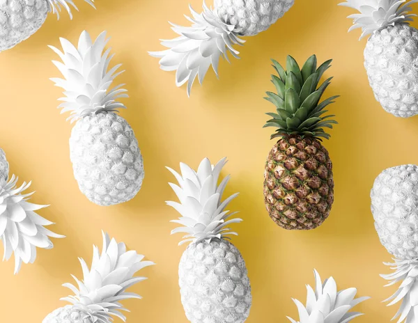 Wit Gekleurde Tropische Ananas Levendige Gele Achtergrond Leiderschap Concept — Stockfoto