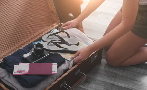 Woman Sitting Open Suitcase Flip Flops Camera Passport Crop — Stock Photo, Image