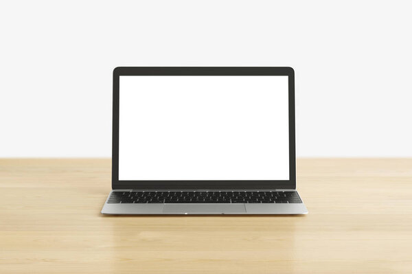 Laptop Med Vit Tom Skärm Träbord — Stockfoto