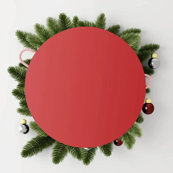 rounded red paper card on tree branches with Christmas baubles, New Year concept