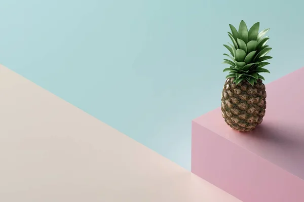 Renkli Geometrik Arka Plan Üzerinde Olgunlaşmış Tropikal Ananas — Stok fotoğraf