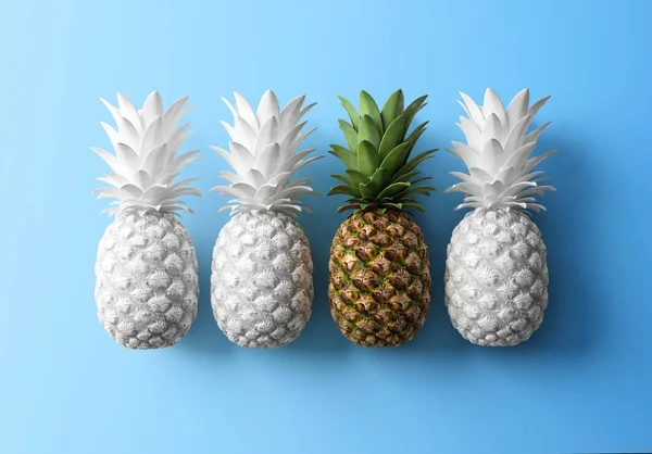Rij Van Wit Gekleurde Tropische Ananas Levendige Blauwe Achtergrond Leiderschap — Stockfoto