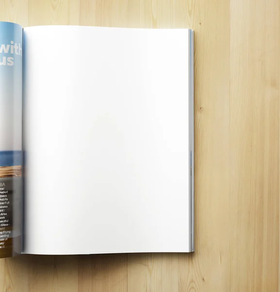 Blank Magazine Page Wooden Background — Stock Photo, Image