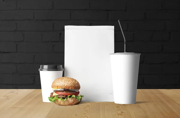 Fast Food Identity Background Burger Drinks Blank Note Black Background — Stock Photo, Image