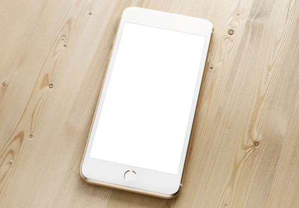 mock-up of smartphone with empty screen on wooden background