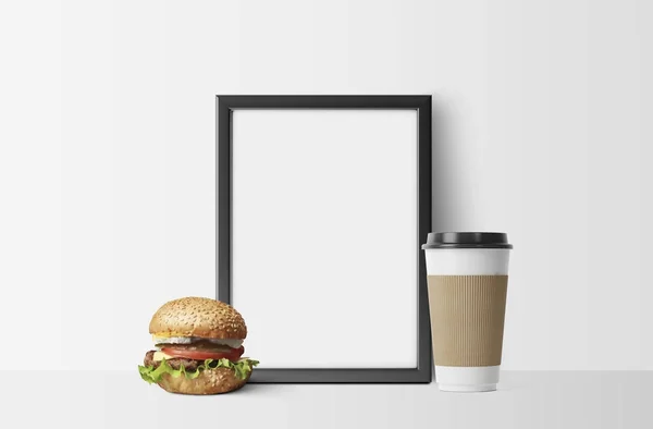 Cadre Photo Blanc Vide Avec Hamburger Tasse Café — Photo