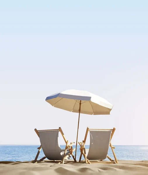 Ligstoelen Met Paraplu Aan Zandstrand Van Kust — Stockfoto