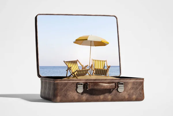 Valise Med Havsstranden Och Solstolar Sandstrand Resor Koncept — Stockfoto