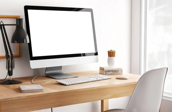 Witte Lege Computerscherm Met Tafellamp Boeken Bureaublad — Stockfoto