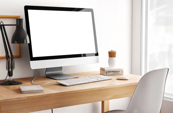 Écran Ordinateur Vide Blanc Avec Lampe Table Livres Sur Bureau — Photo