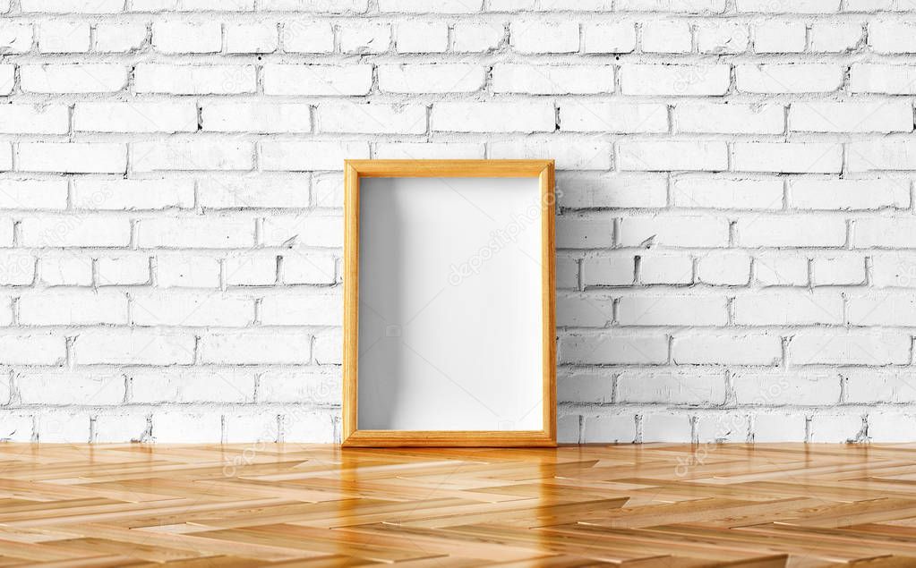 empty wooden photo frame on brick wall background  