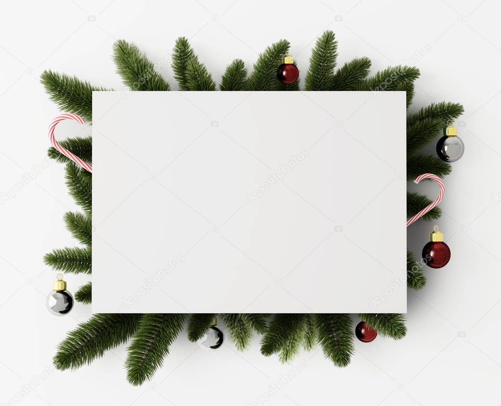 white paper card on tree branches with Christmas baubles, New Year concept  