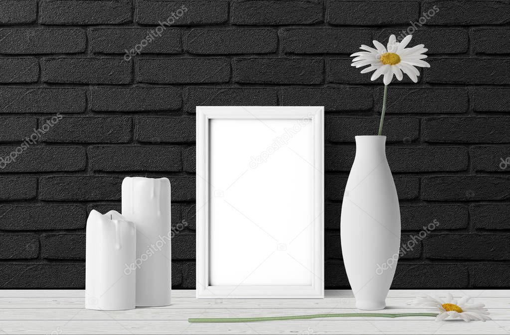 empty photo frame with white candles and chamomiles with vase 