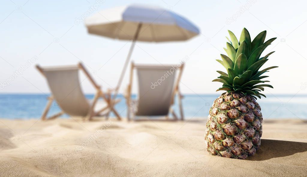 ripe tropical pineapple on sandy beach, vacation concept 