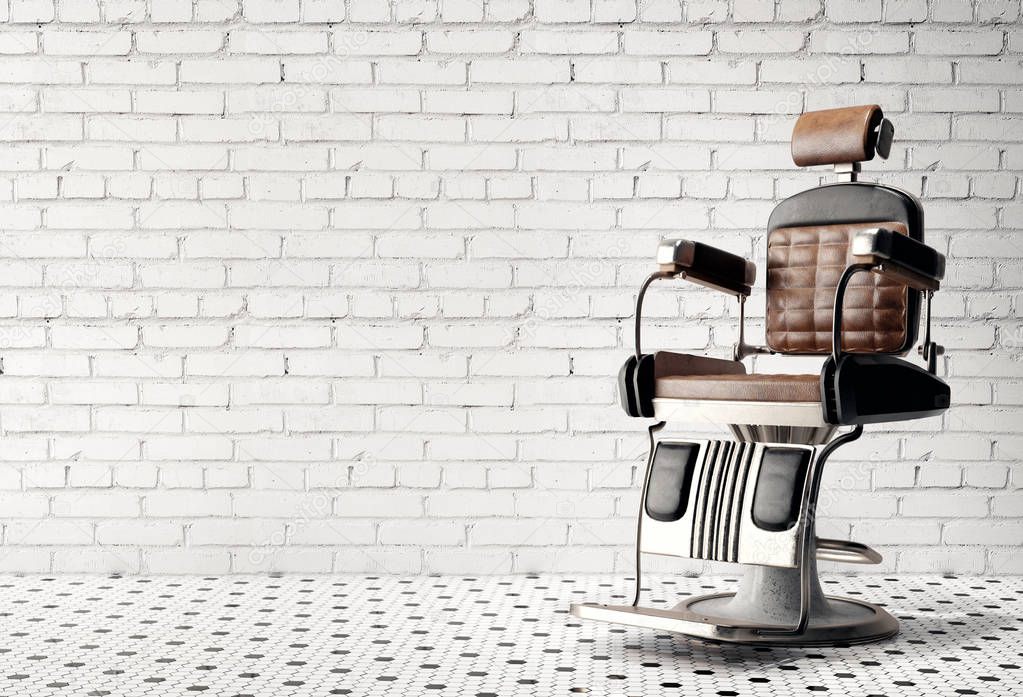 classic leather barbershop chair on brick wall background 