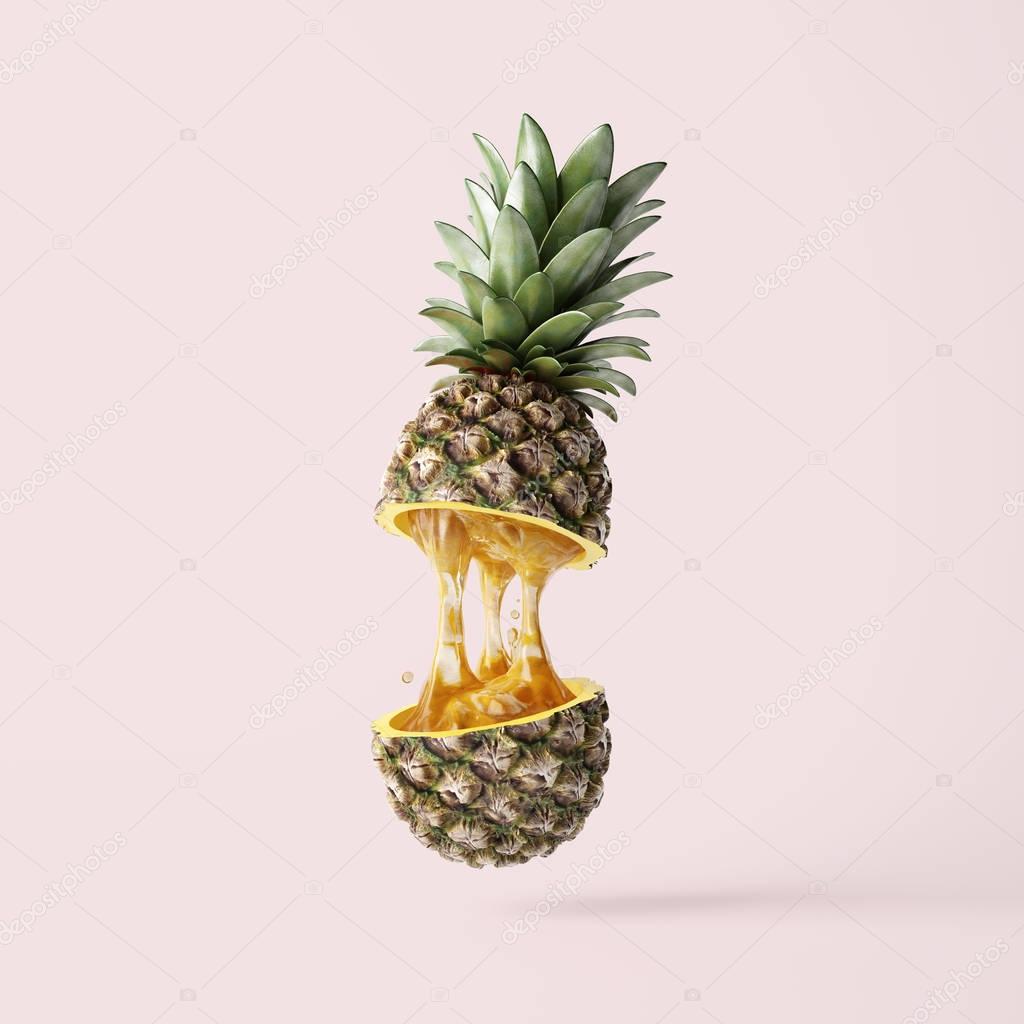 sliced ripe tropical pineapple with juice on pink background 