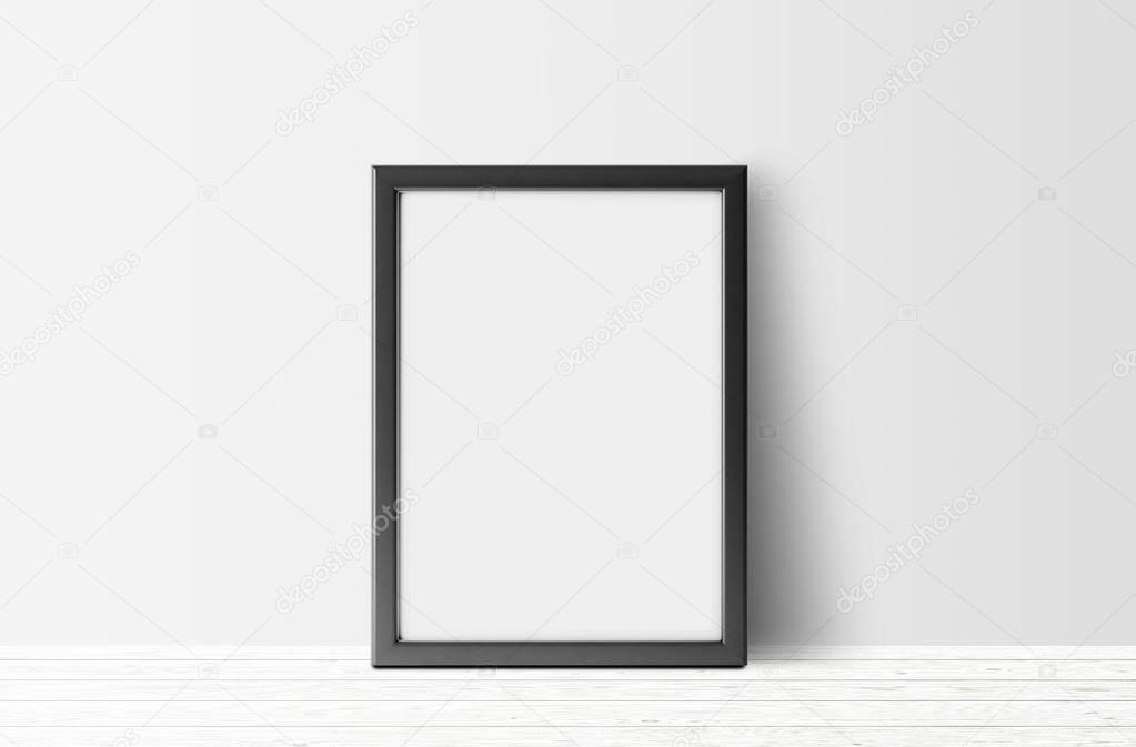 empty dark photo frame on light wooden floor and white wall background