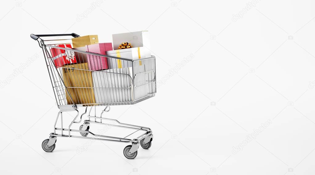 metal shopping cart with gift boxes 