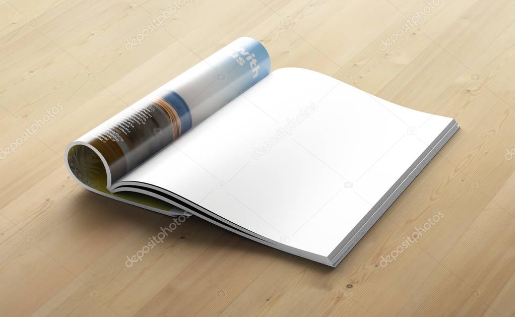 blank magazine page on wooden background