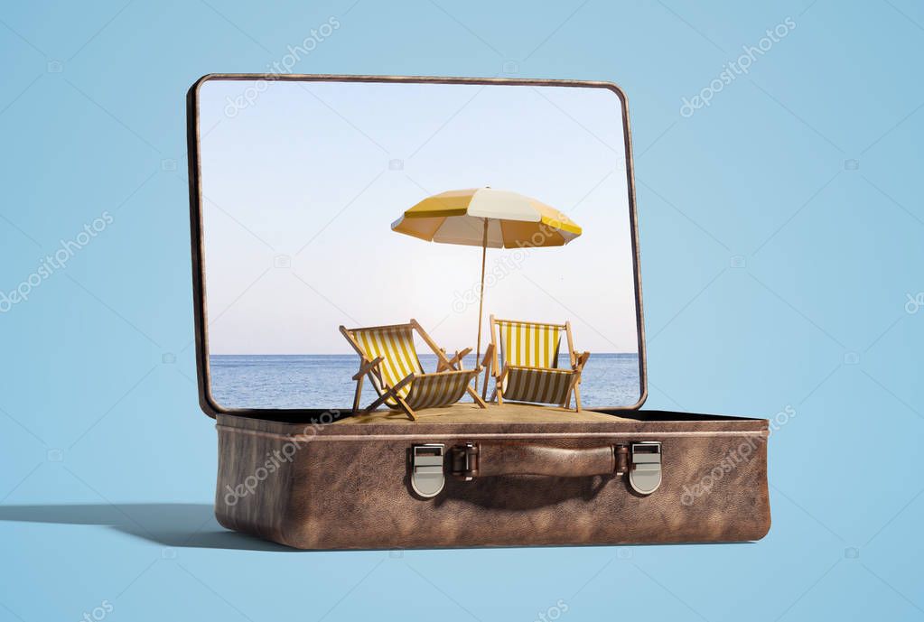 valise with seashore and deck chairs on sandy beach, travel concept 