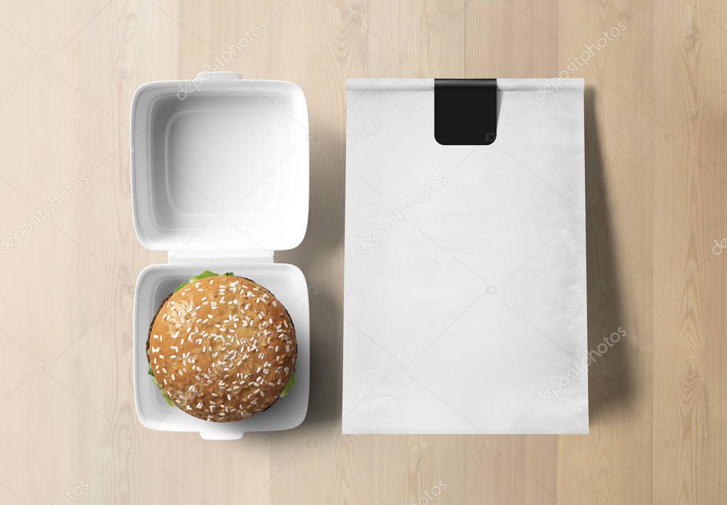 Fast food identity mockup with burger and blank notepad, 3D rendering