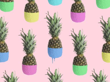 Pembe bir arka plan üzerinde renkli yarım ile olgun ananas kümesi 